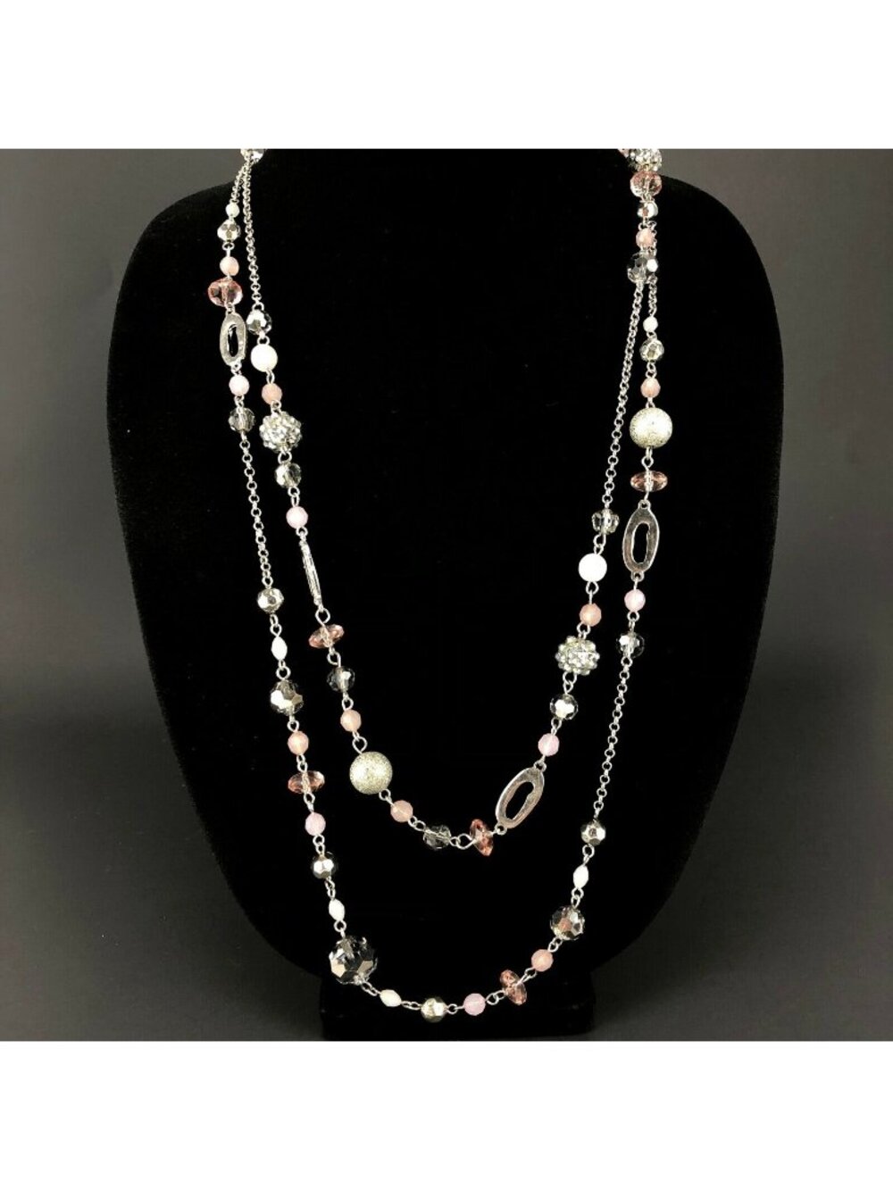 Kohls Metal Necklace Long Double Strand Chain Silver Tone with Mauve Beads